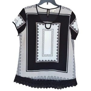 Antilia femme women’s lightweight black beige short sleeve blouse lace hem sz M